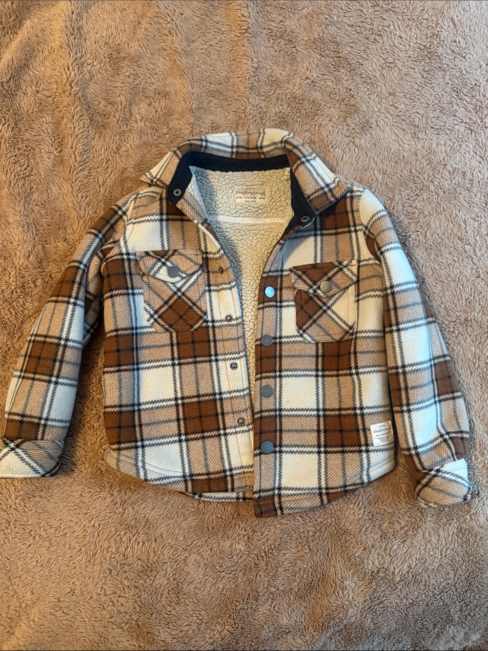 Weatherproof Plaid Sherpa Jacket in Cream and Brown